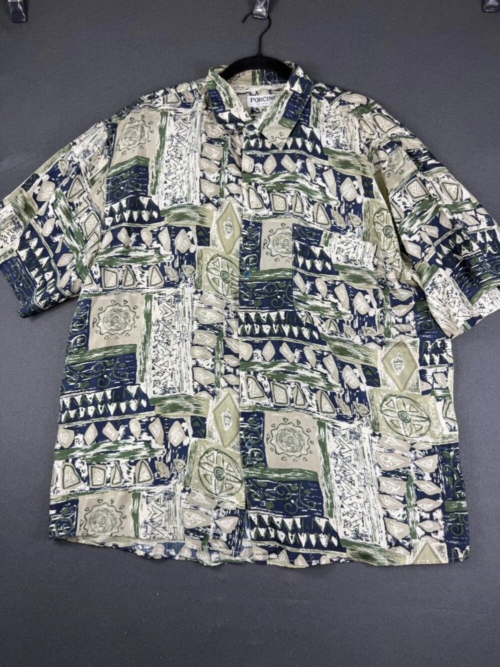 Porcini Mens Multicolor Button Up Shirt Short Sleeve Tribal Geometric All Over L